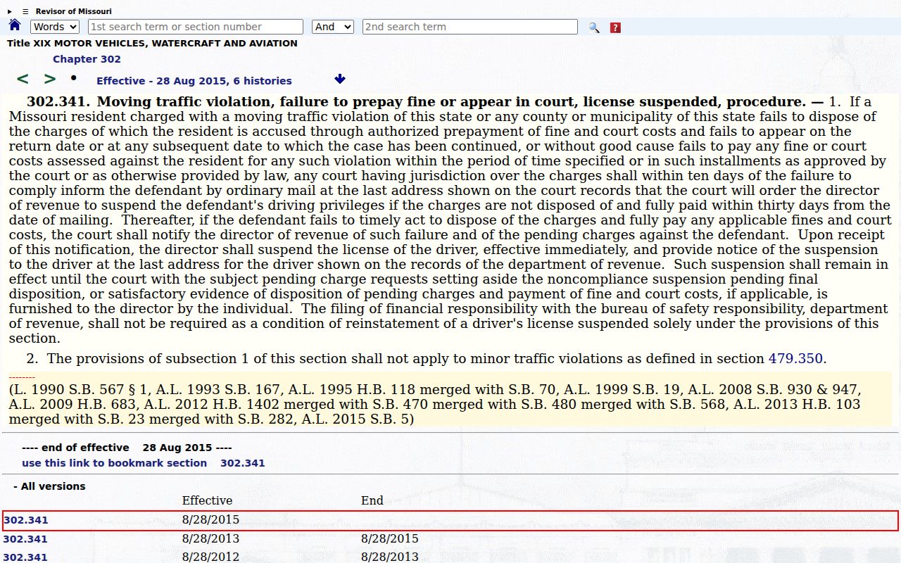 Barton County traffic court records reference for Missouri missed-response statute